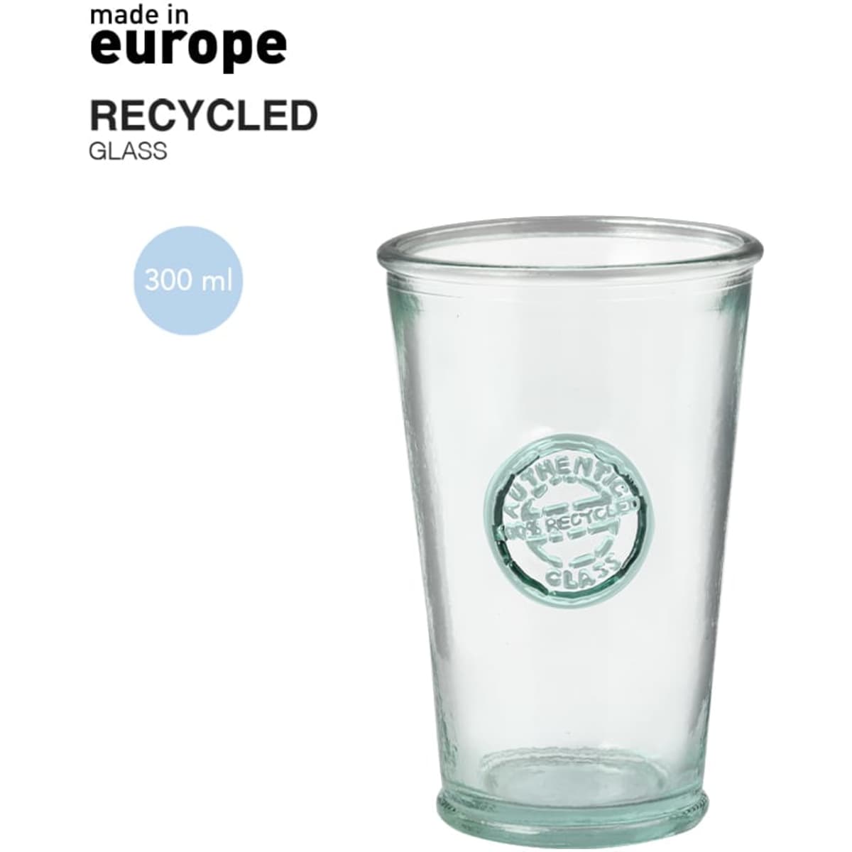 A drink cup made of recycled glass, transparent with a green tint, featuring a logo on the front.
