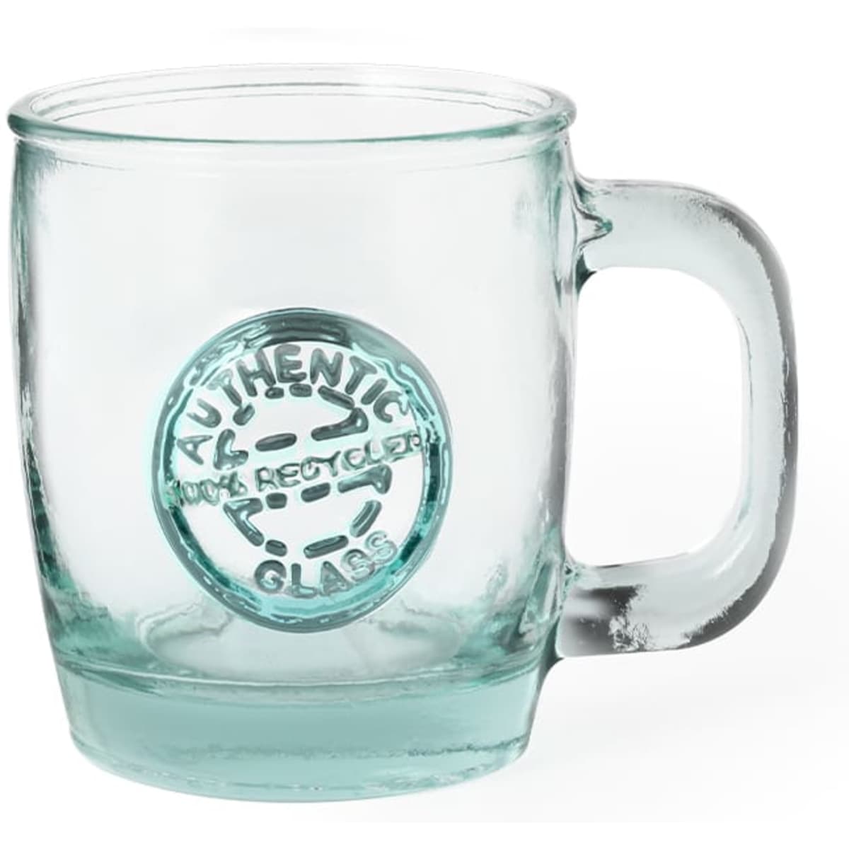 A glass coffee mug with a textured handle and a recycled glass design, featuring an embossed logo.