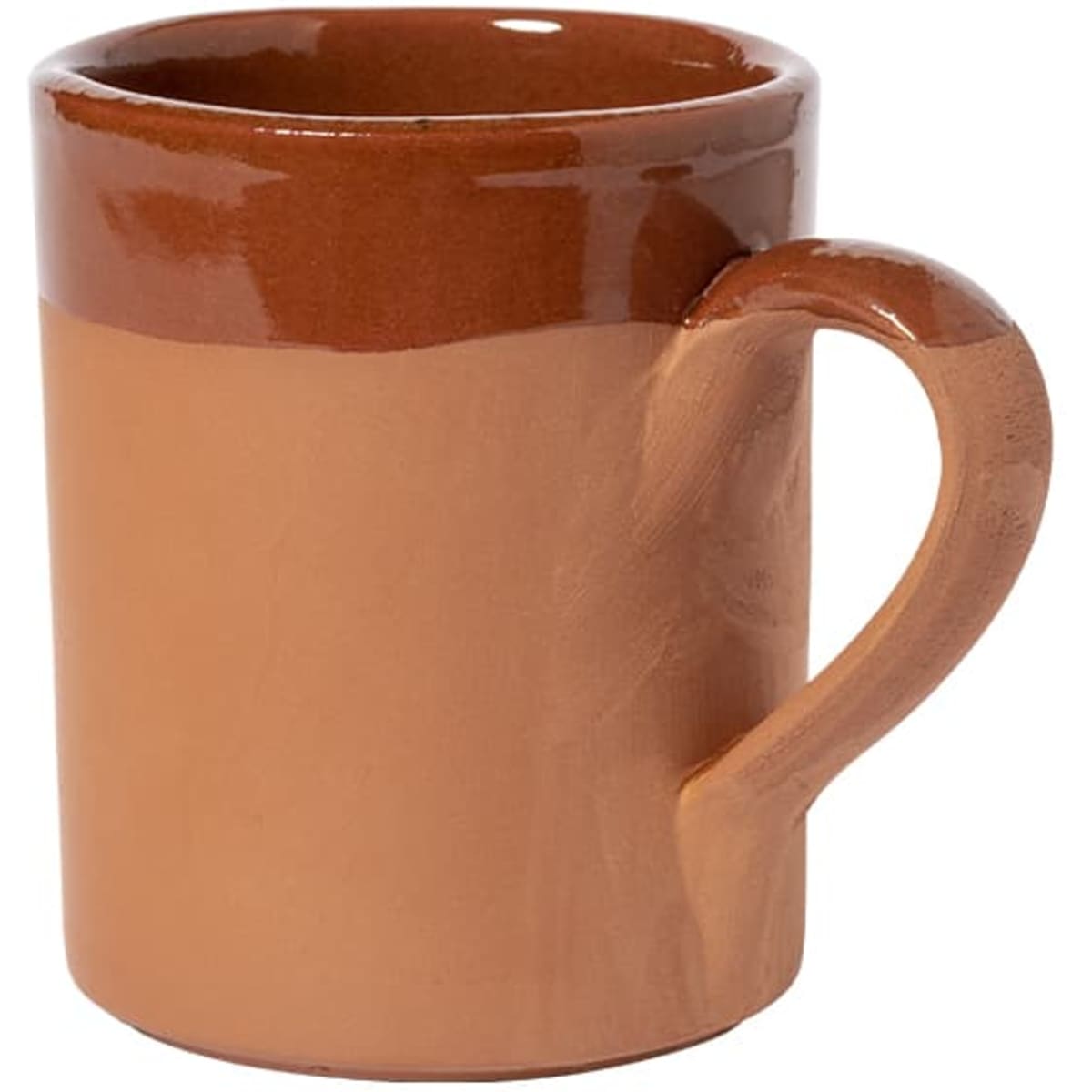 A coffee mug in earthy tones, featuring a glossy upper section and a matte lower section, with a simple handle and branding.