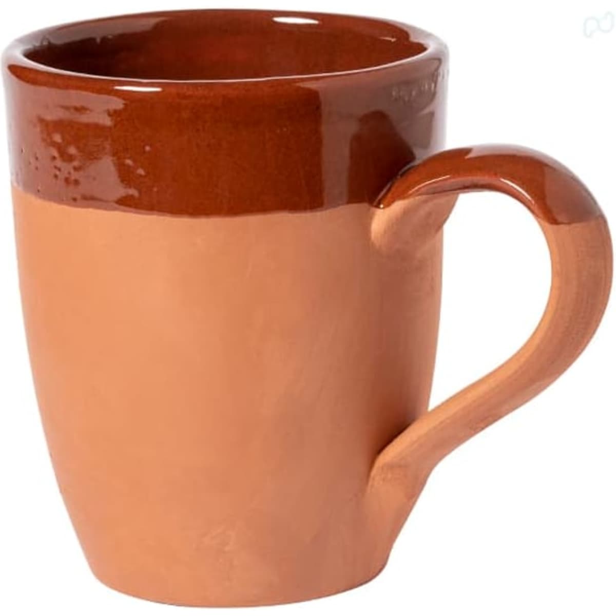 A brown and terracotta coffee mug with a smooth finish and a sturdy handle, featuring a logo.