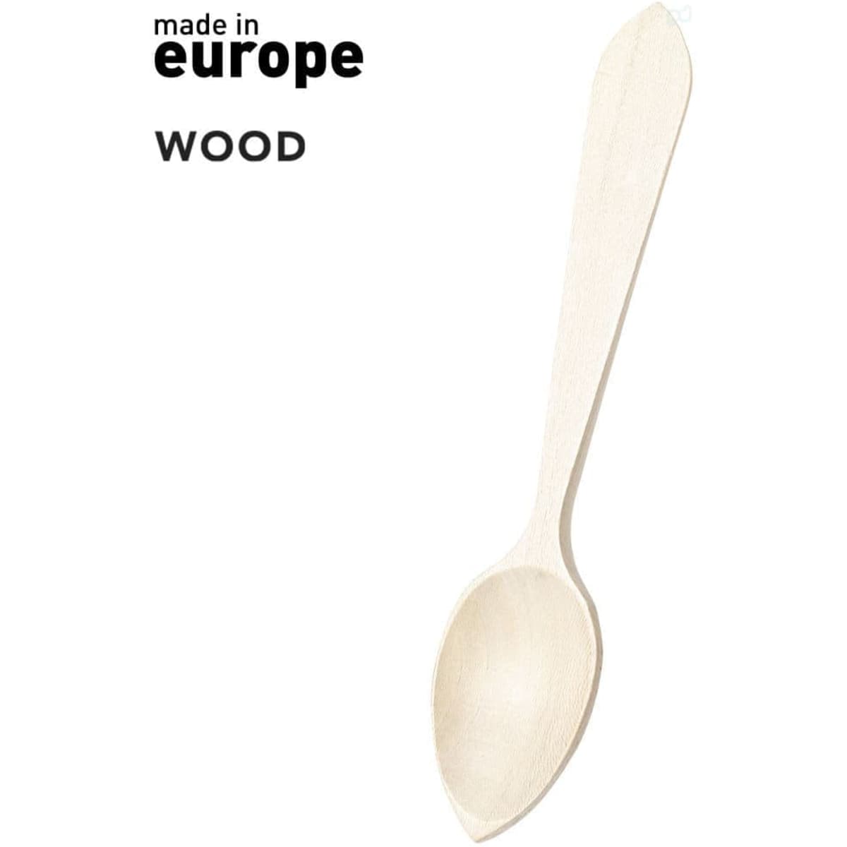 A wooden spoon in a light shade, featuring a simple design and a logo indicating it is made in Europe.