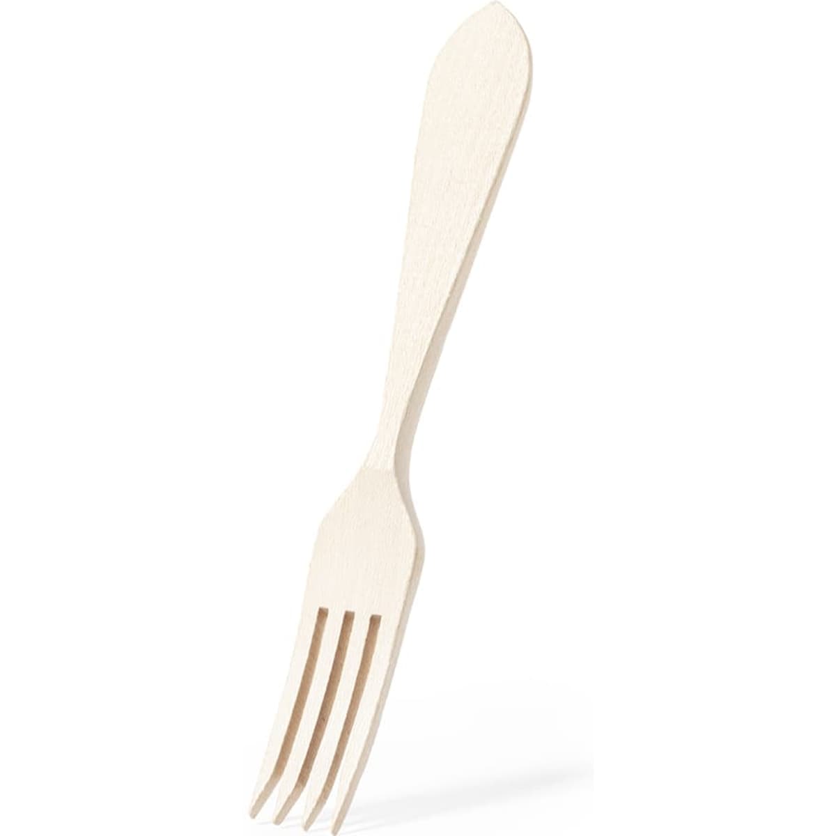 A wooden fork in a light, natural colour, featuring three prongs and a smooth handle.