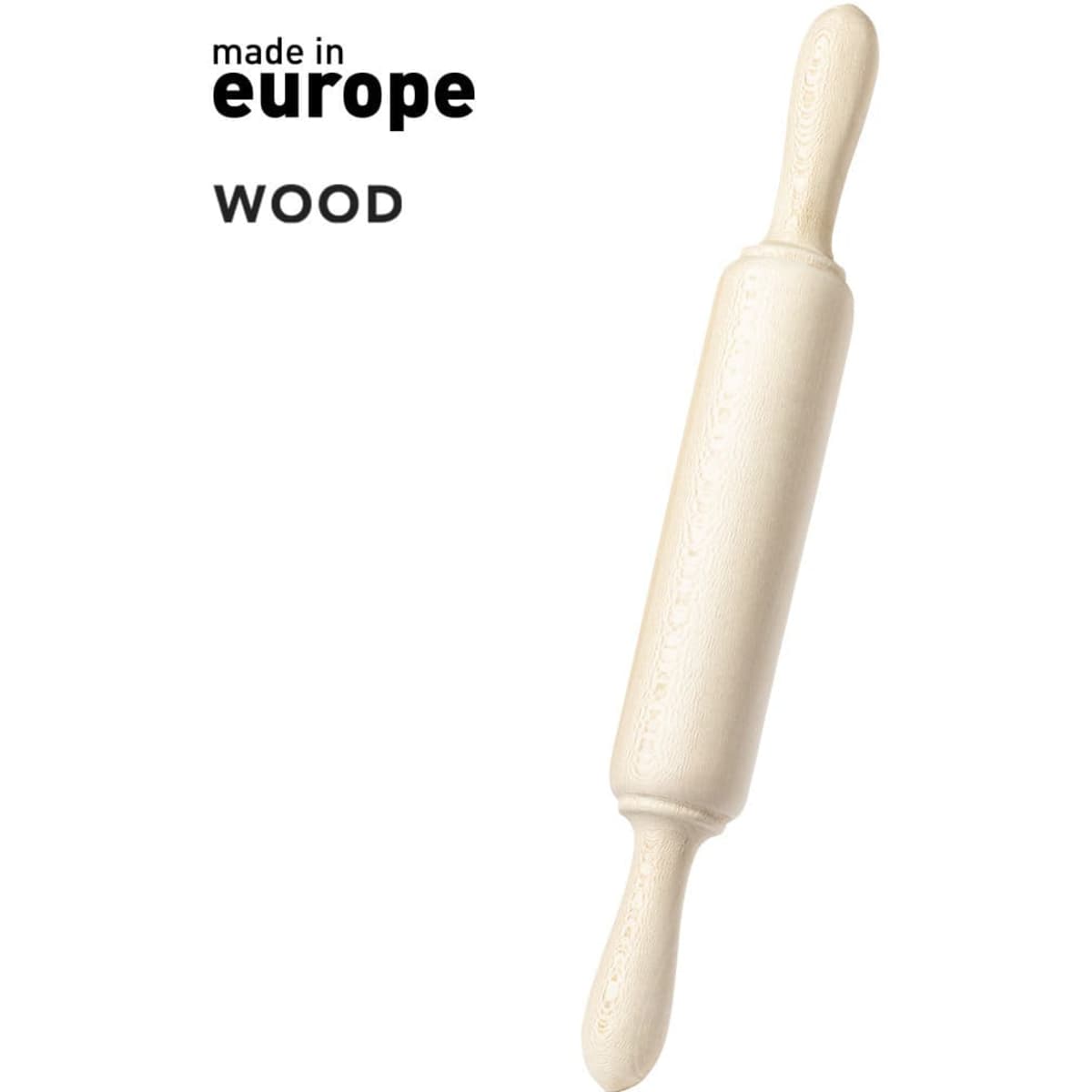 A wooden rolling pin in a light colour with a smooth finish and rounded handles. It features a logo.