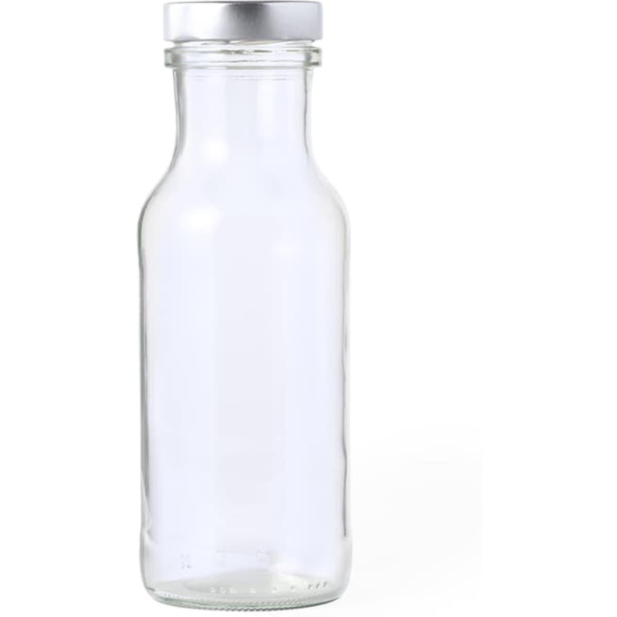 A clear glass drink bottle with a silver metal lid, suitable for various beverages.