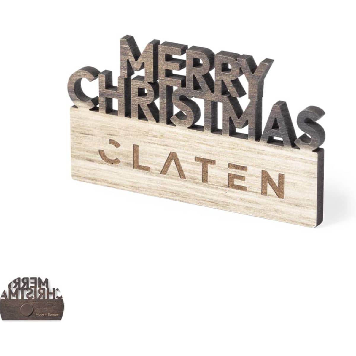 A wooden decorative piece features "Merry Christmas" in a layered design with a base. It has a natural wood finish.