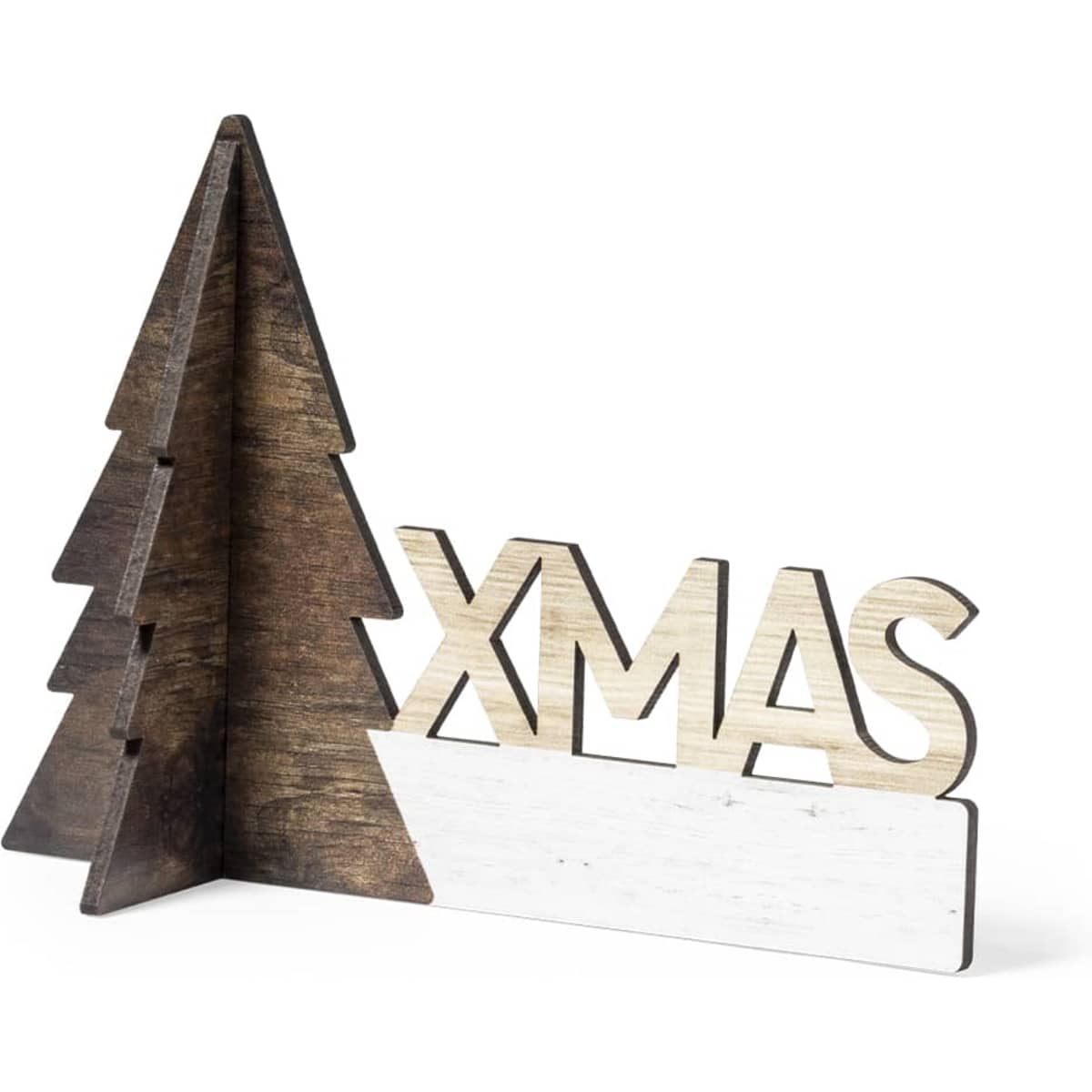 A wooden decorative piece featuring a tree and the word "XMAS" in natural and white finishes.
