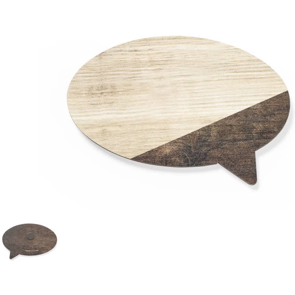 A wooden speech bubble magnet in light and dark brown tones, with a smooth finish and a small circular magnet attached.
