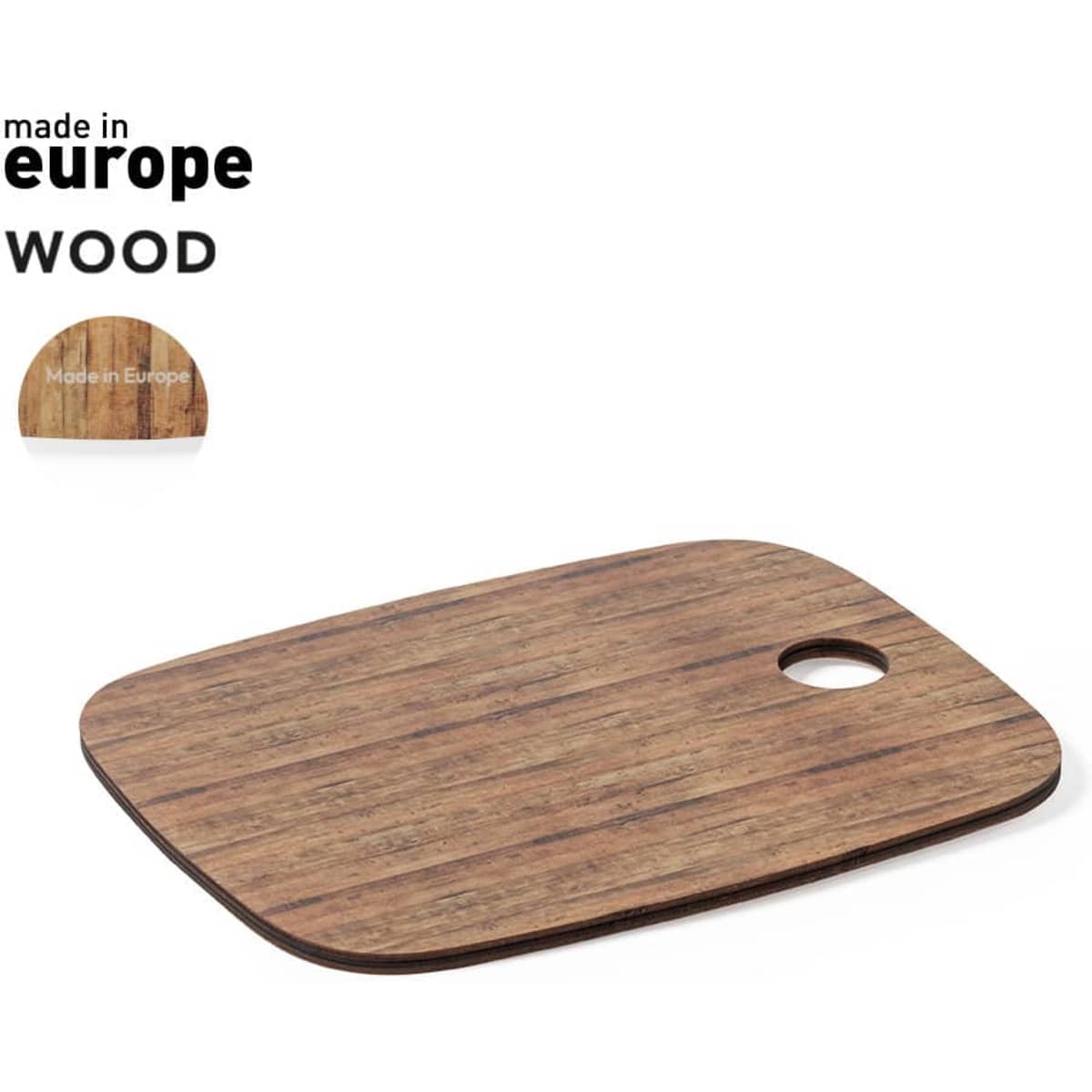 A wooden cheese board featuring a natural grain with a circular handle cutout. The board has a smooth finish.