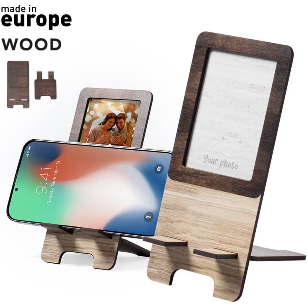 A wooden photo frame holder in light and dark wood tones, designed for displaying photos and smartphones.