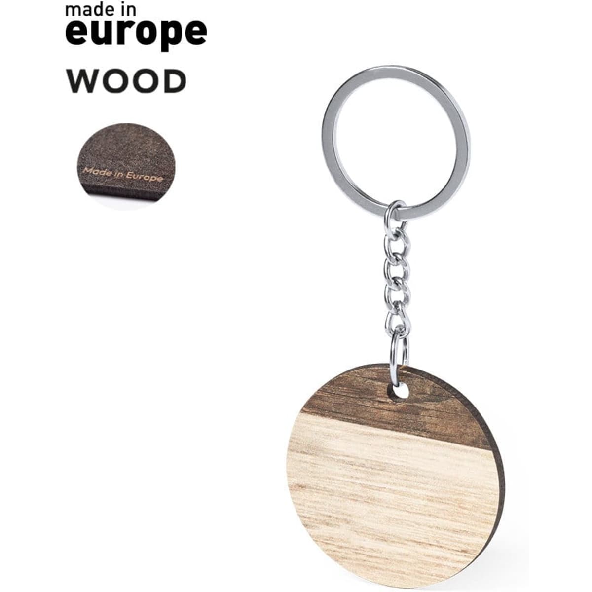 A wooden keyring with a circular design, featuring two tones of wood and a metal chain and ring.