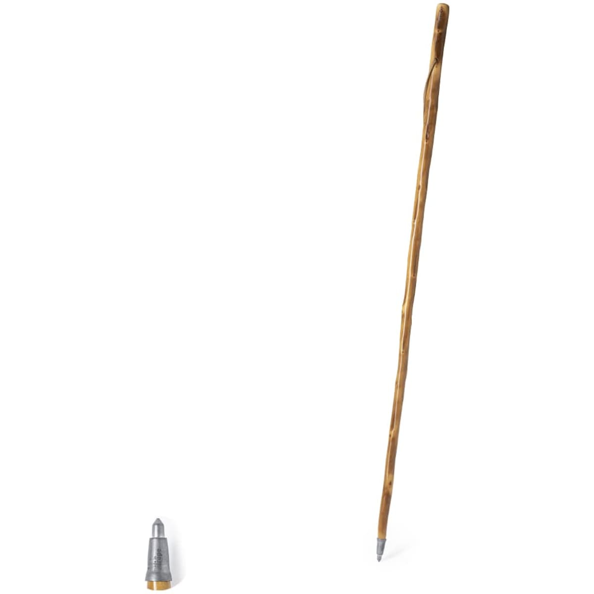 A walking stick made of natural wood with a pointed tip, accompanied by a metallic cap.