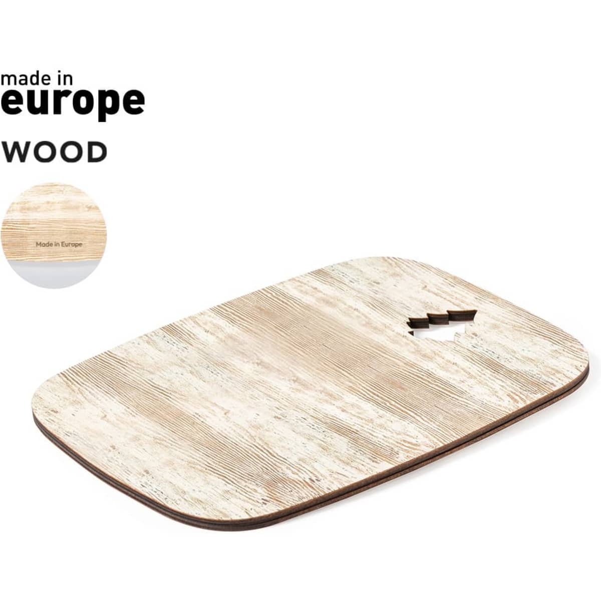 A wooden chopping board with a light finish and a subtle design feature, including a brand logo.