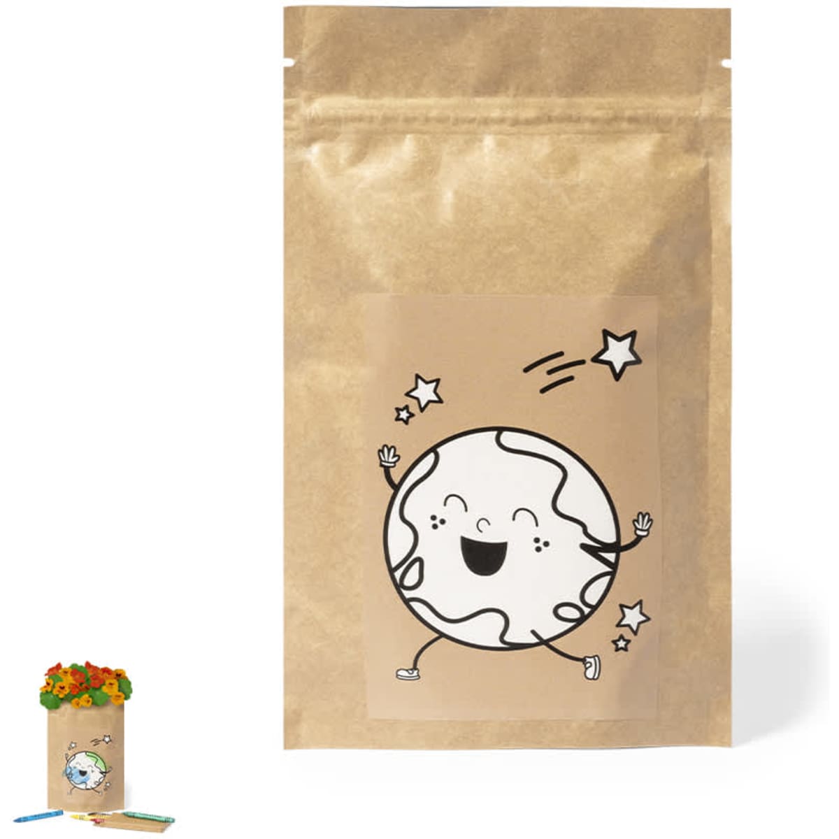 A brown pouch featuring a playful illustration of a smiling Earth and stars, with branding on the bottom left.