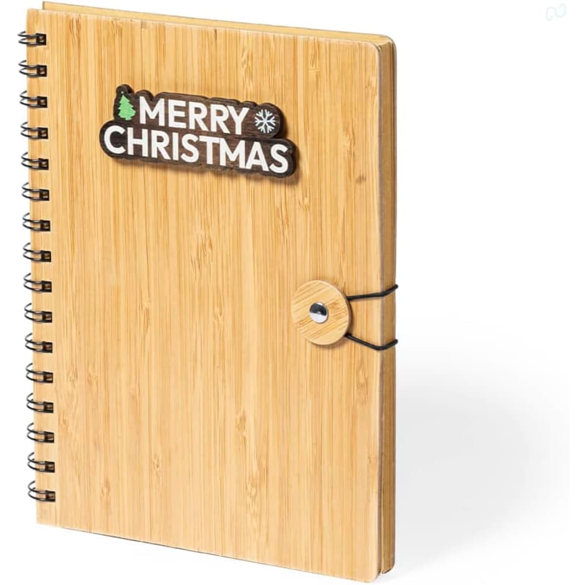 A spiral-bound notebook with a bamboo cover, featuring a festive "Merry Christmas" design and a wooden button closure.
