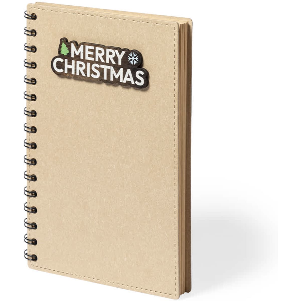 A beige notebook with a spiral binding and a branded cover featuring a festive design.