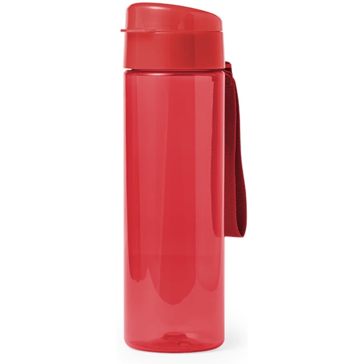 A drink bottle in bright red with a matching lid and a carry strap. It features a logo on the side.