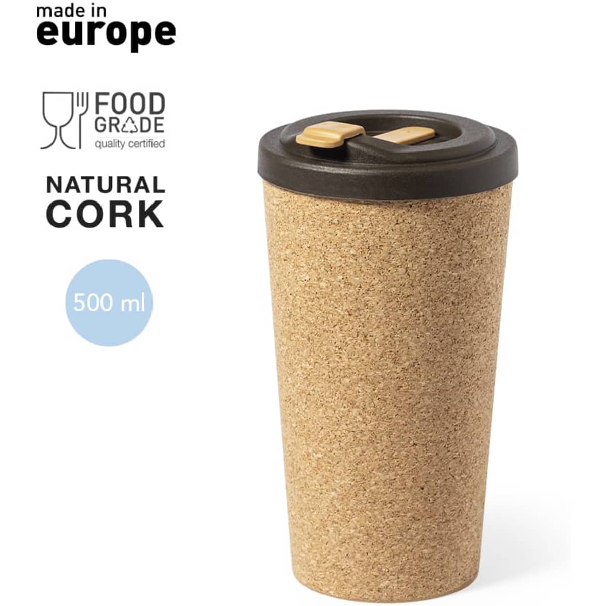 A drink bottle with a natural cork exterior and a black lid, featuring a logo, designed for travel.
