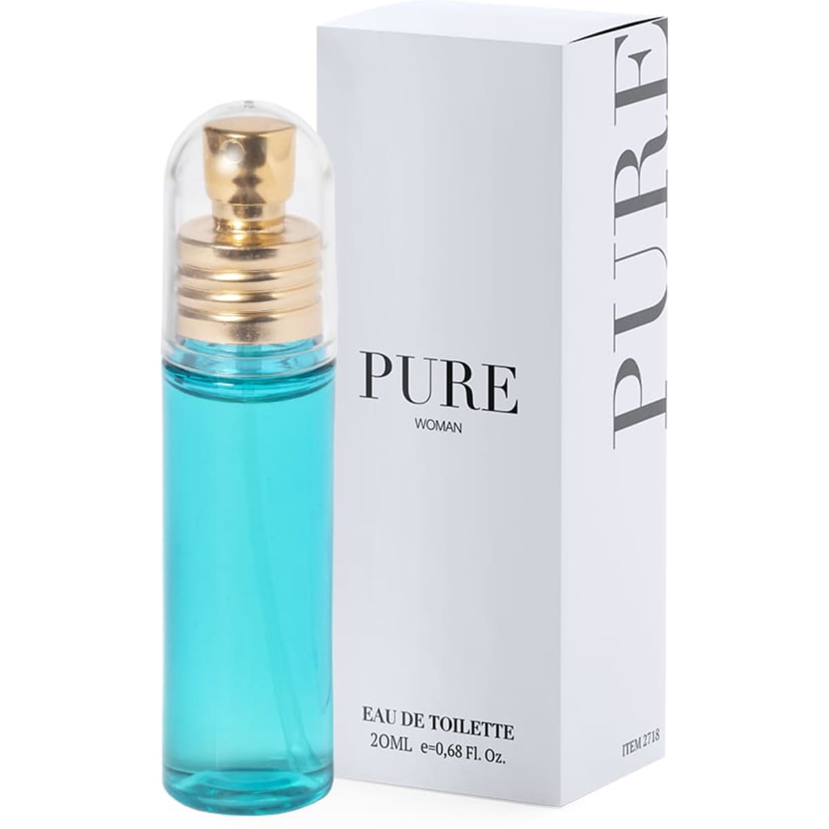 A turquoise perfume bottle with a gold cap beside a white box labelled "PURE." Both are for women's eau de toilette, 20ml.