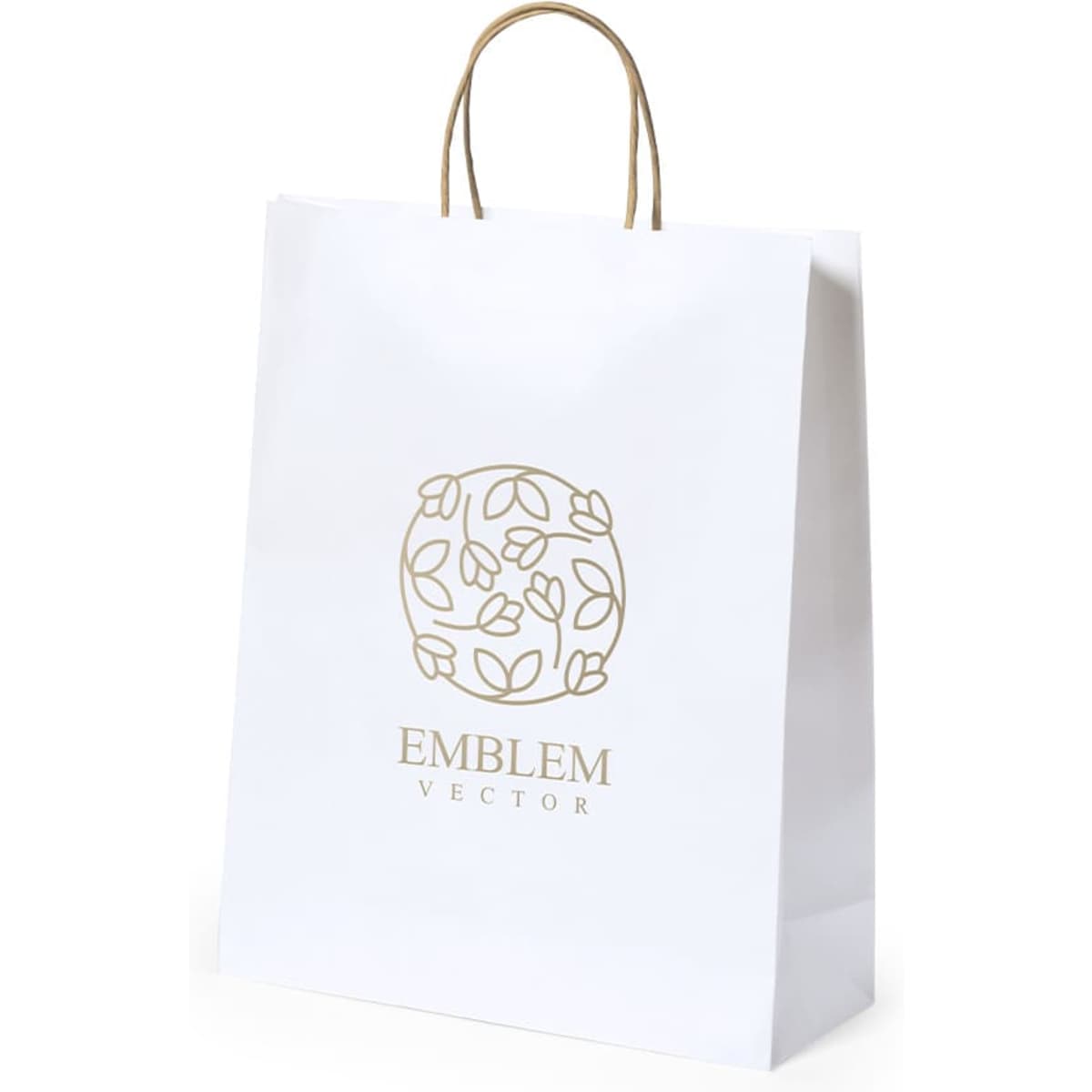 A white paper bag with a natural-coloured handle and a decorative logo design.