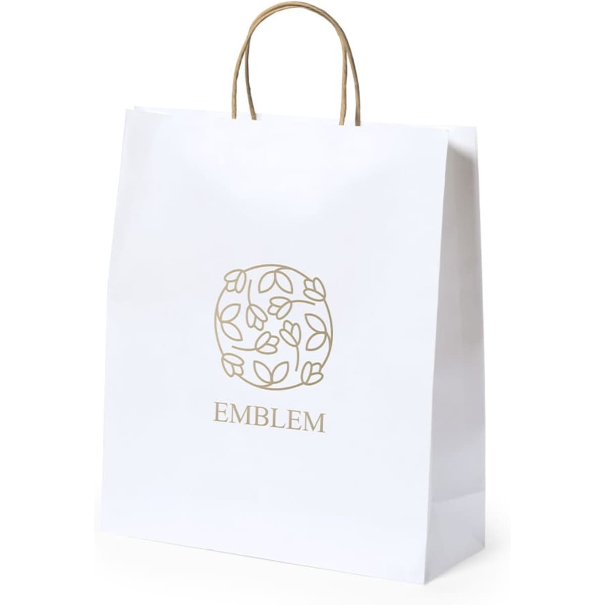 A white paper bag with a gold emblem logo and a sturdy handle.