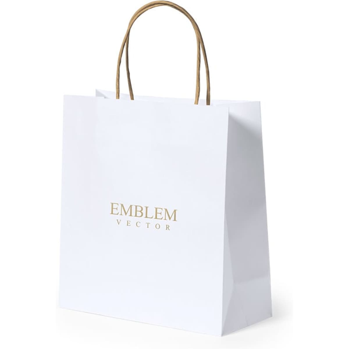 A white paper bag with brown handles and a logo on the front.