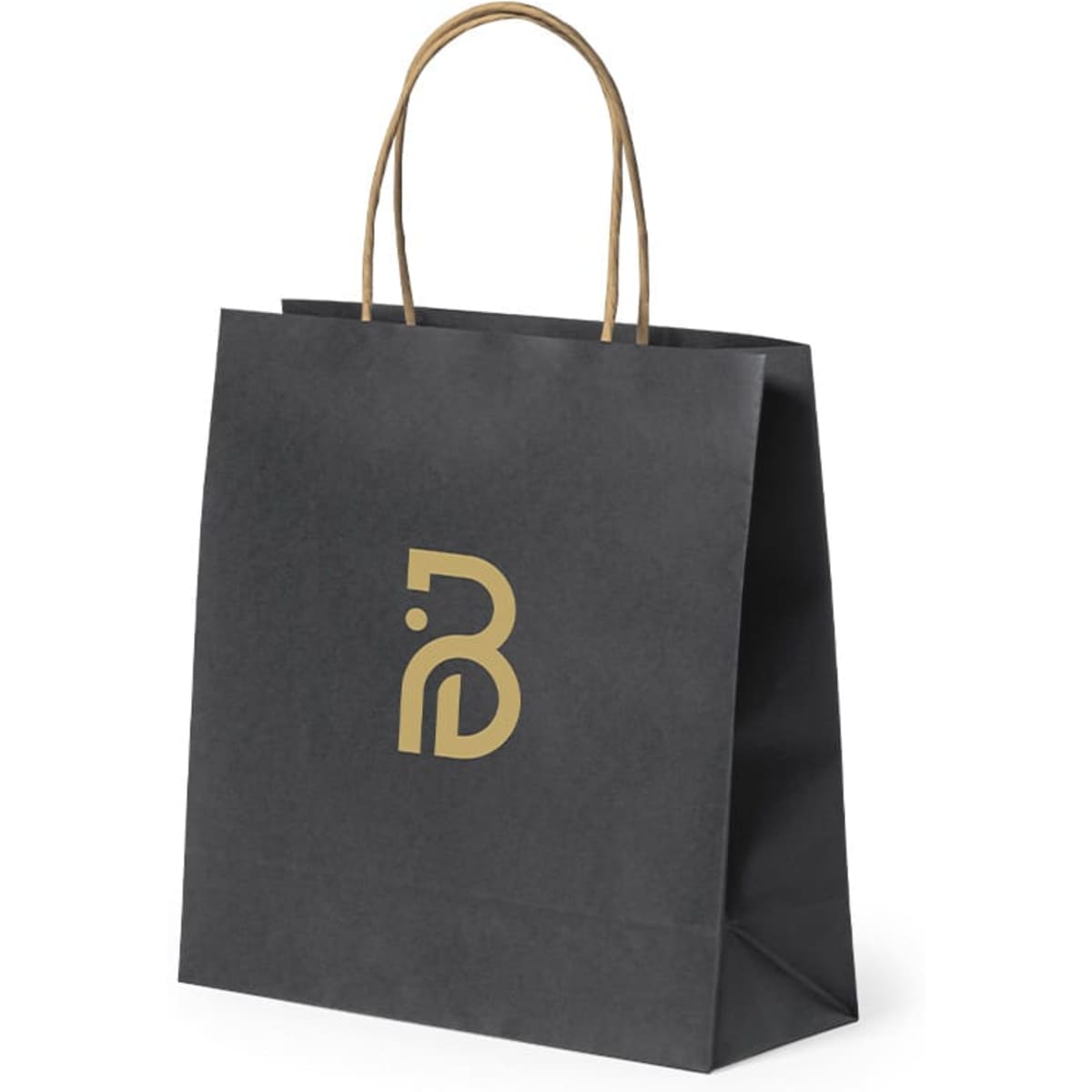 A black paper bag with a brown handle and a prominent gold logo on the front.