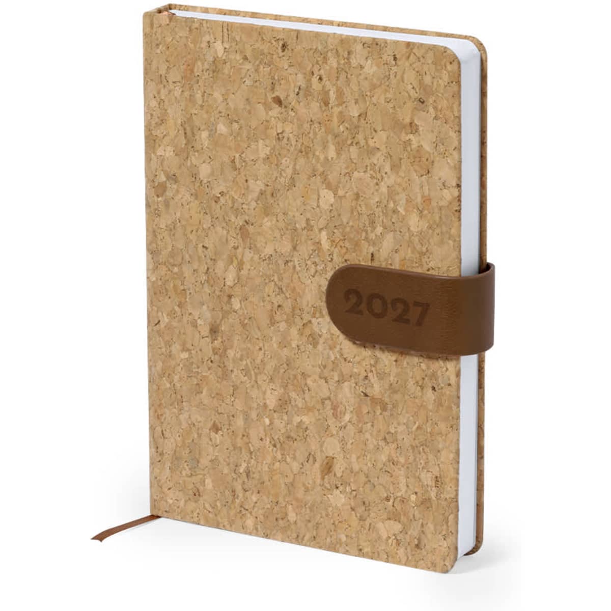 A cork diary with a brown leather band, featuring a simple design for the year 2027.