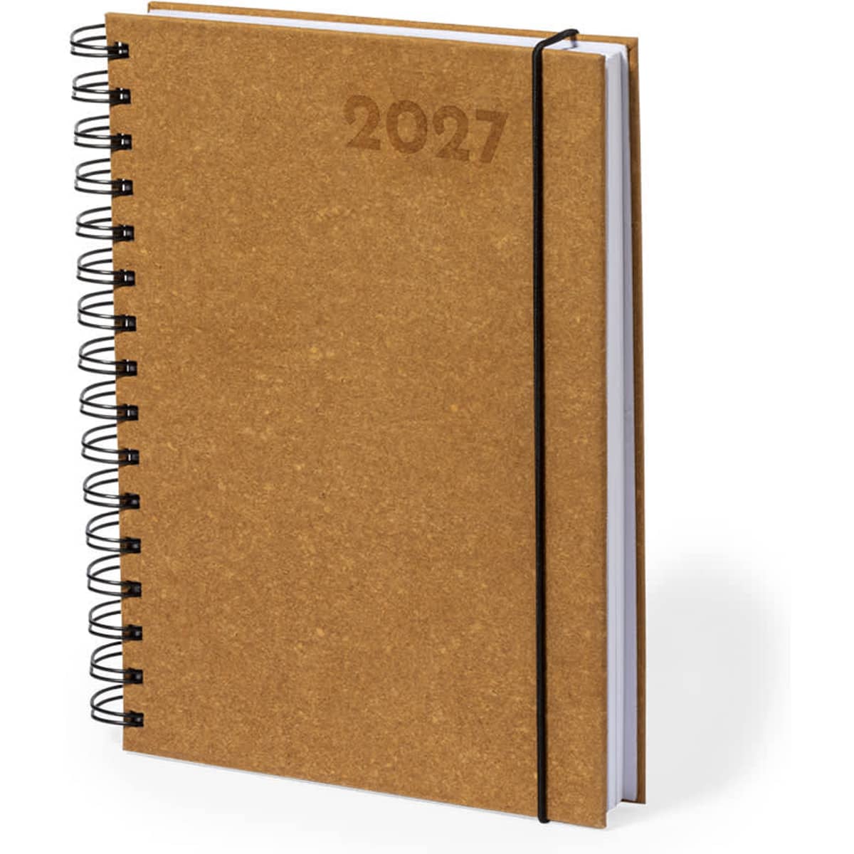 A brown cork-covered diary with a spiral binding and a black elastic strap, featuring the year 2027.