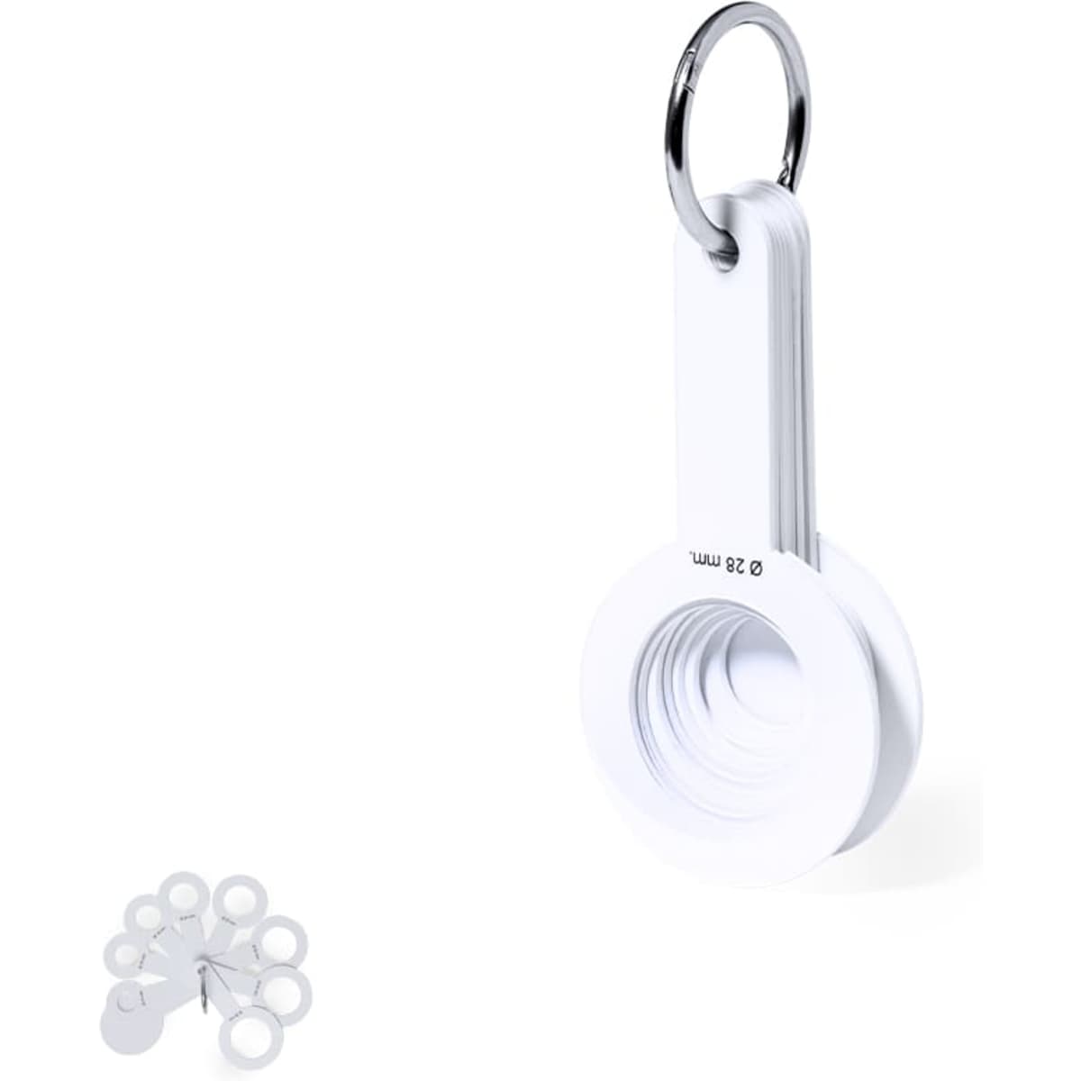 A white keyring tool with a circular design, accompanied by several smaller white rings.