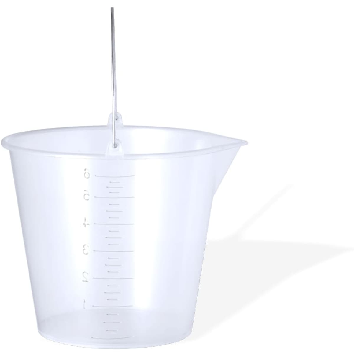 A clear plastic measuring cup with a handle and measurement markings on the side. It has a spout for easy pouring.