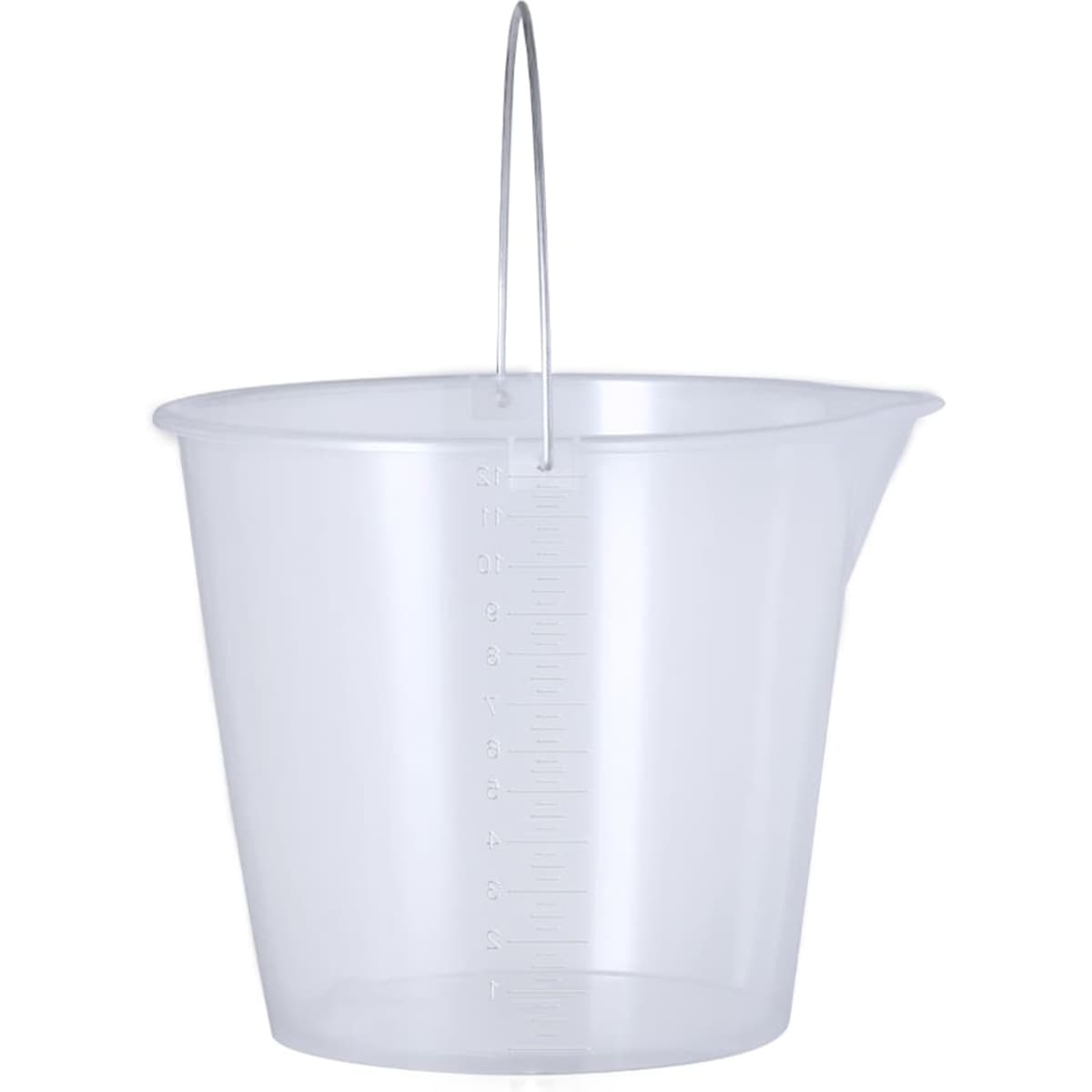 A clear plastic bucket with a handle and measuring scale on the side. Ideal for various outdoor activities.