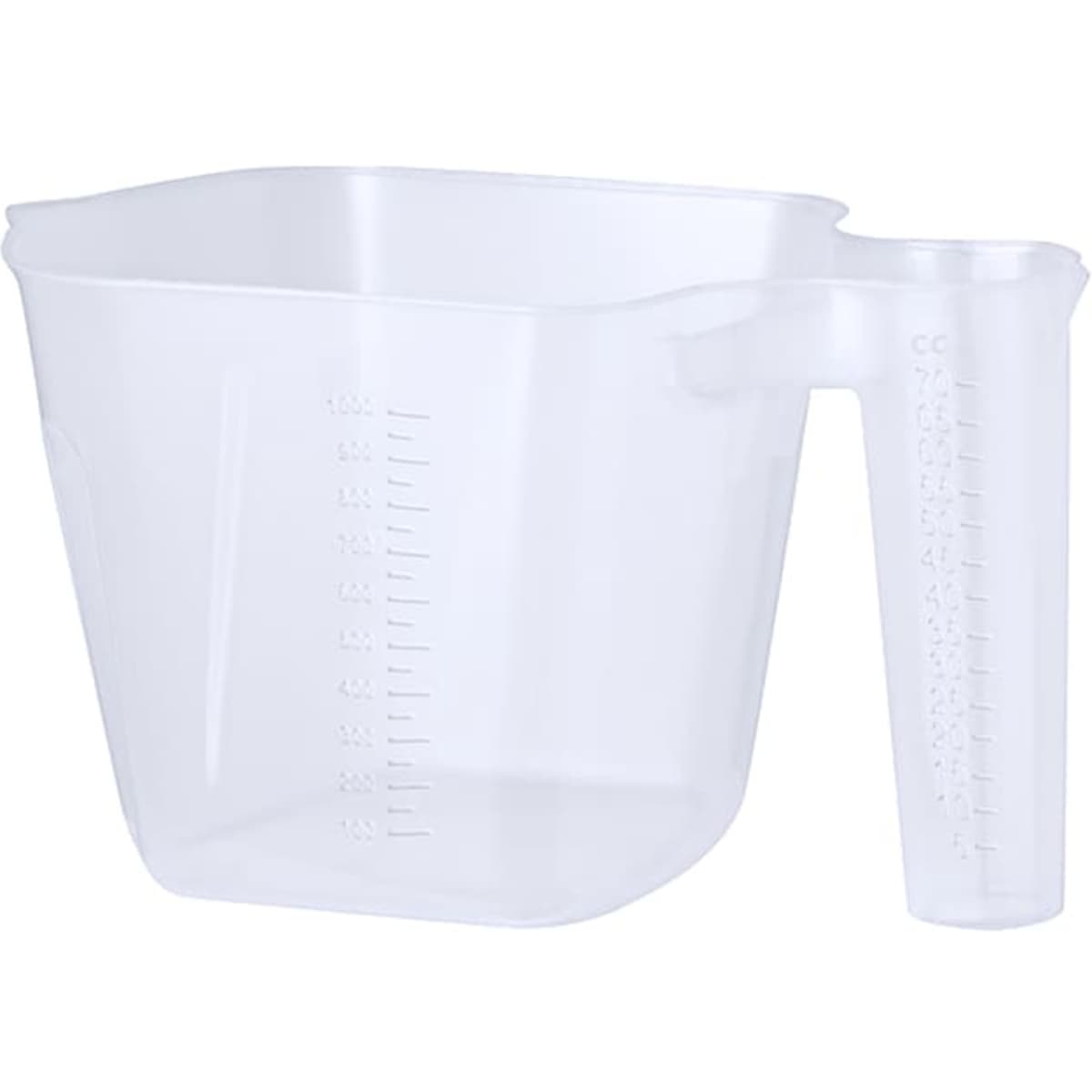 A clear plastic measuring jug with a handle and measurement markings on the side, designed for liquids and dry ingredients.