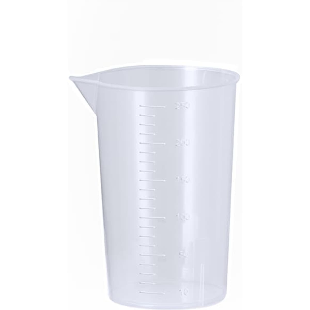 A transparent measuring cup with graduated markings, featuring a spout for easy pouring.