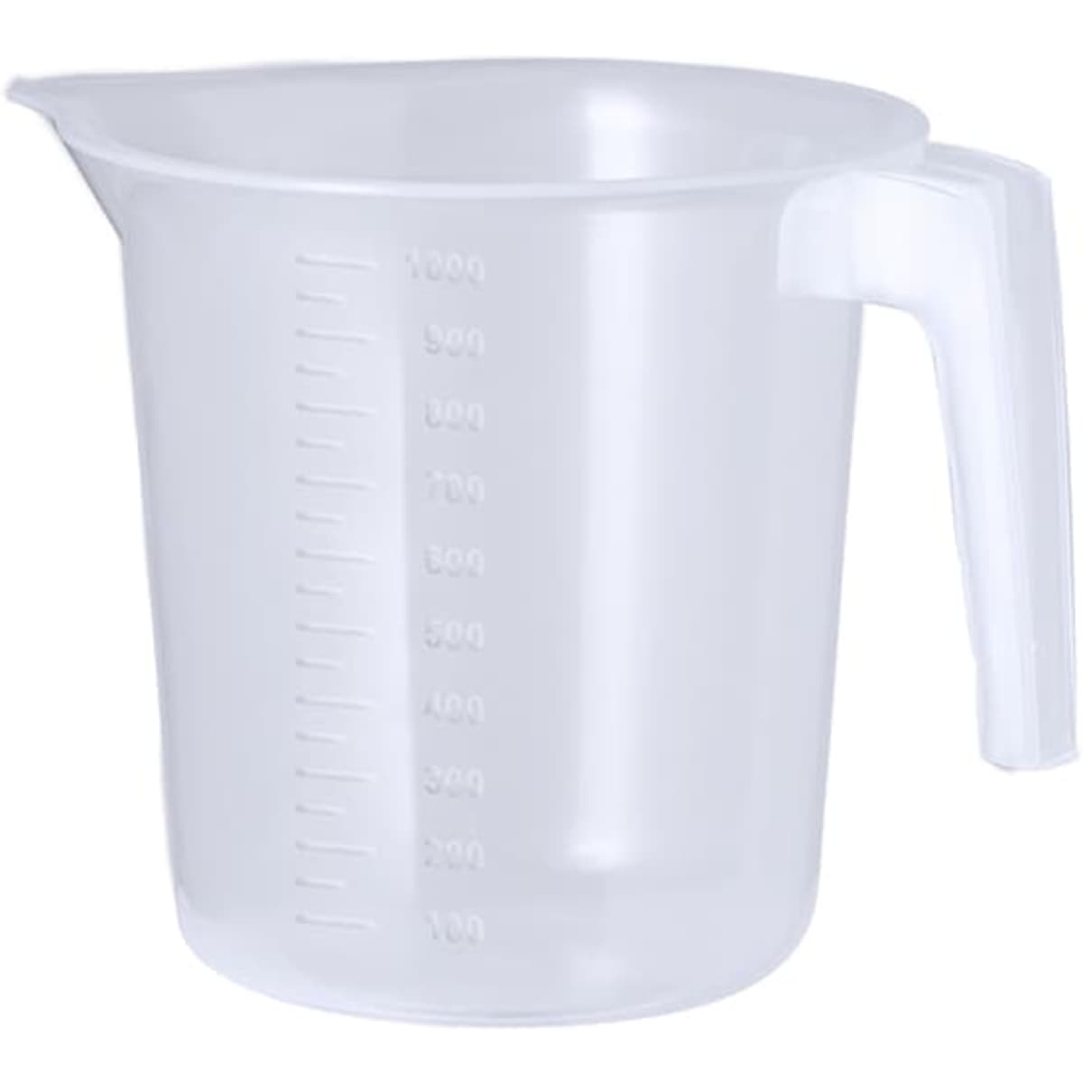 A measuring jug in clear plastic with a handle and measurement markings on the side.