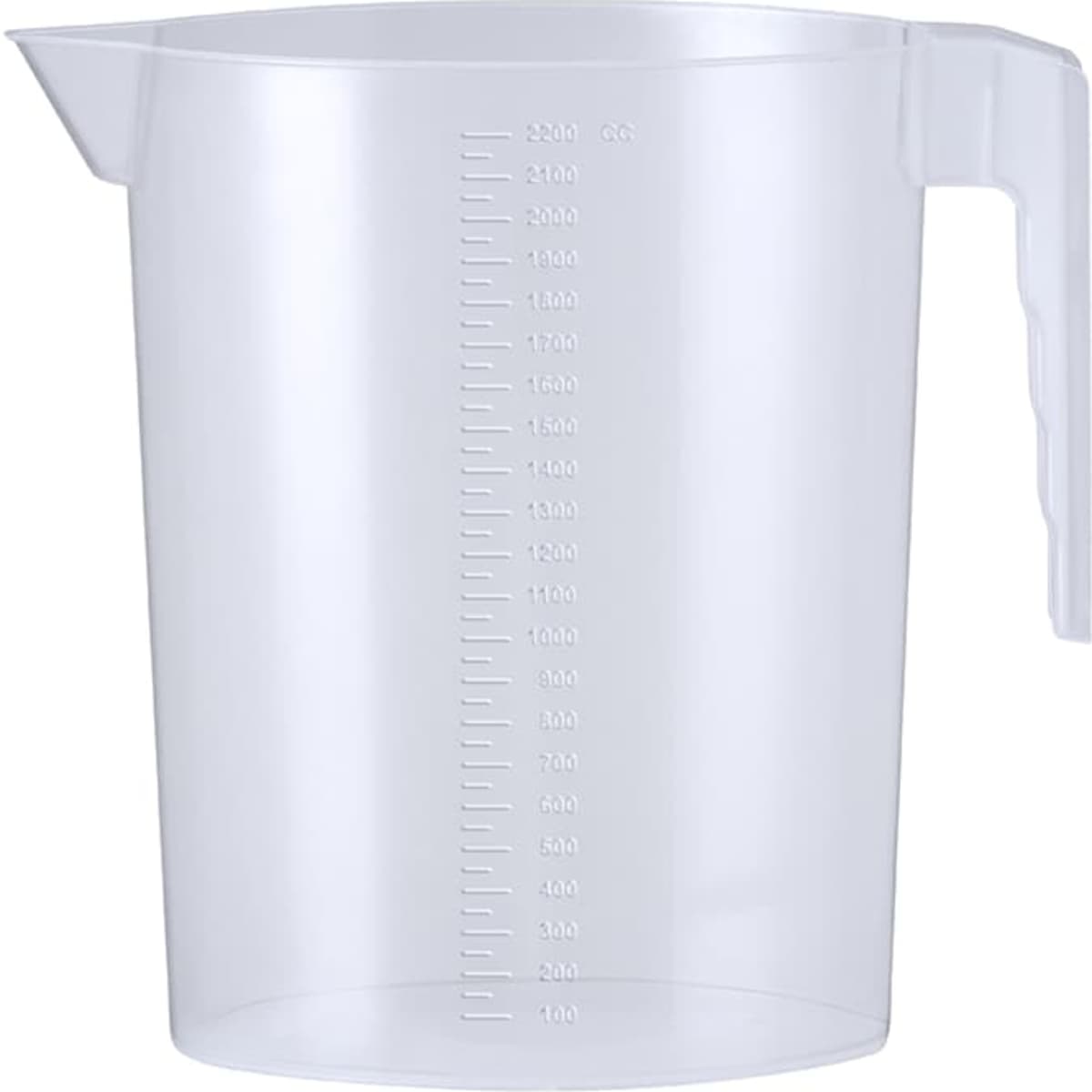 A clear measuring jug with a handle and measurement markings on the side. It has a spout for easy pouring.