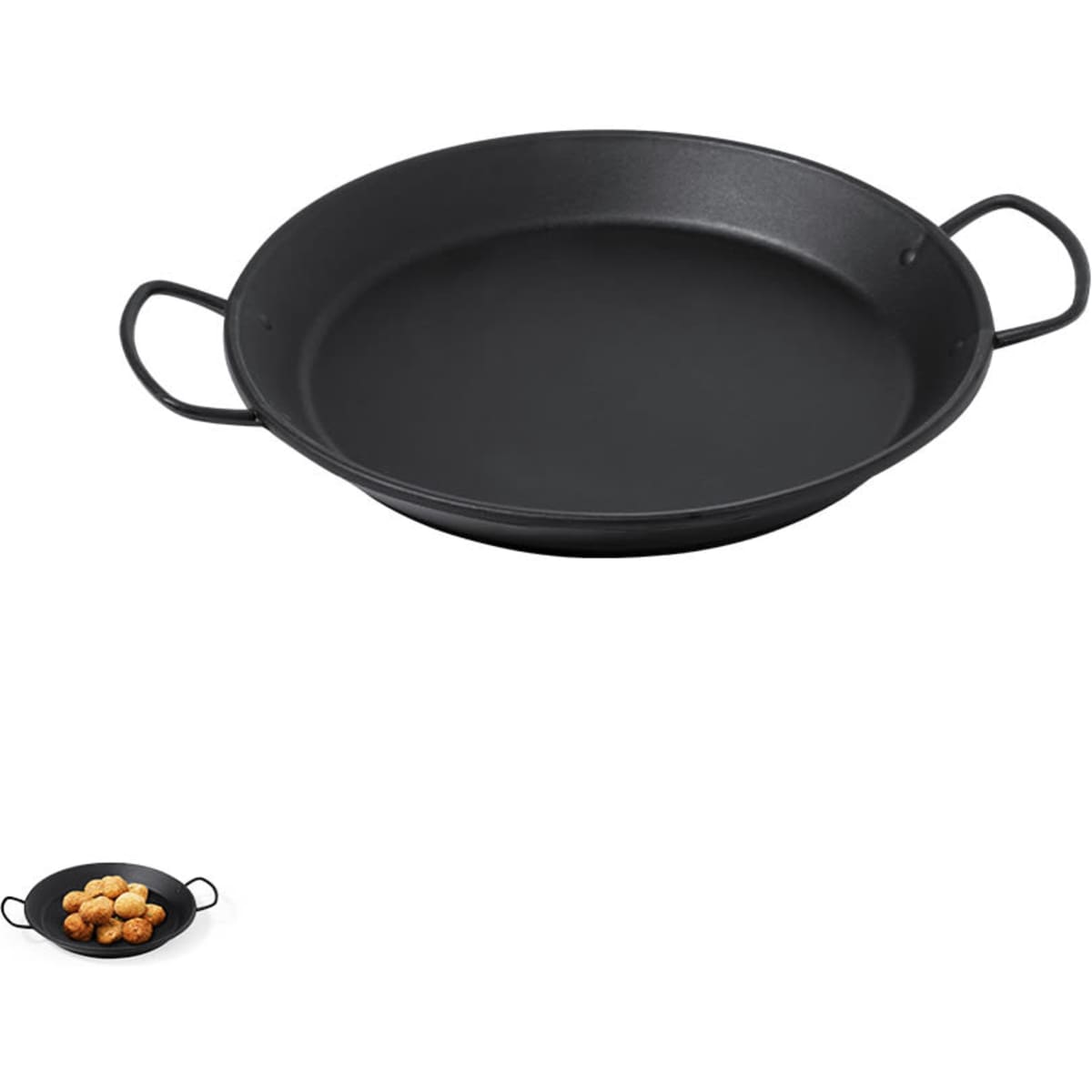 A round, black cast iron cooking pan with two handles, featuring a smooth interior surface.