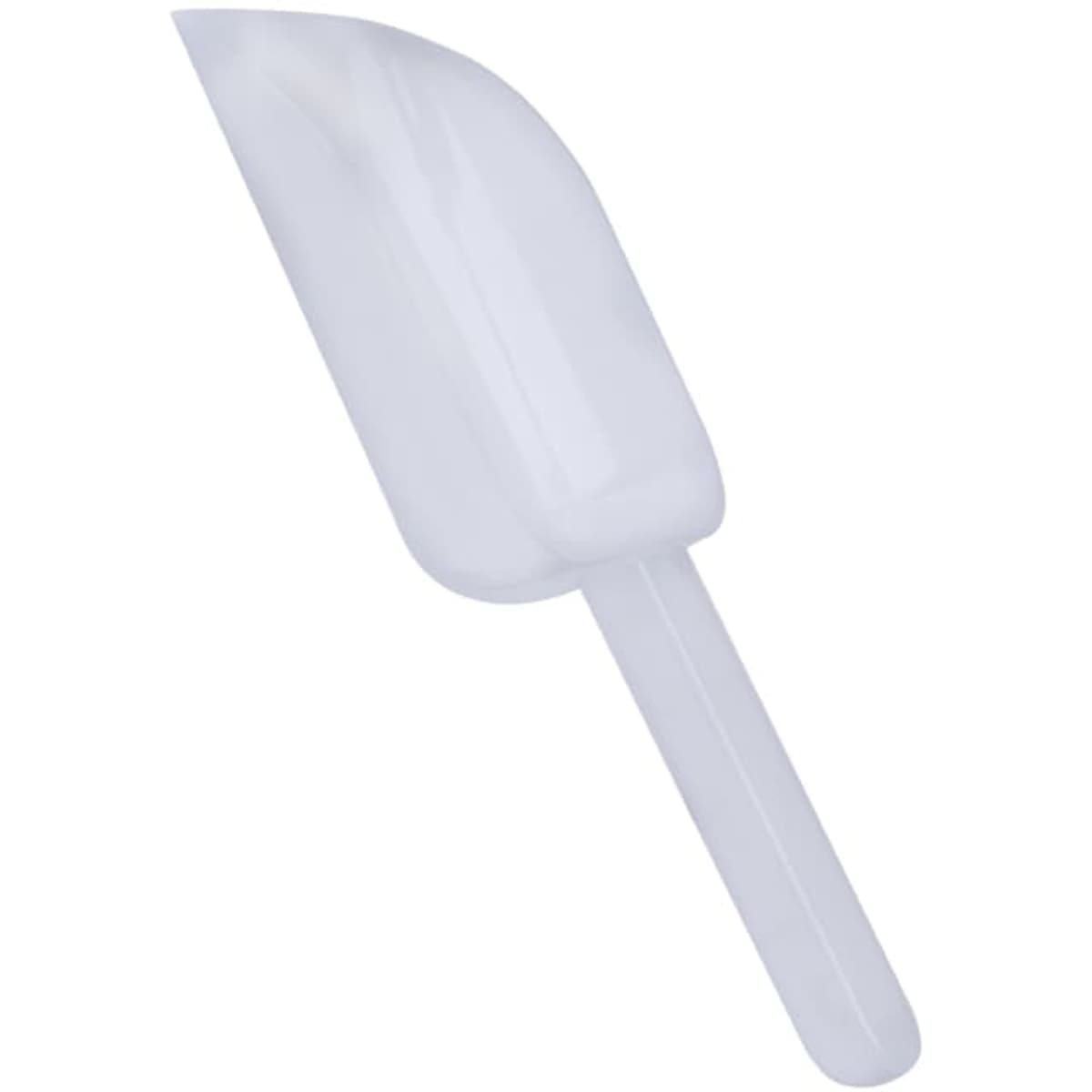 A plastic scoop with a curved edge and a handle, featuring a transparent white colour. It has a simple design.