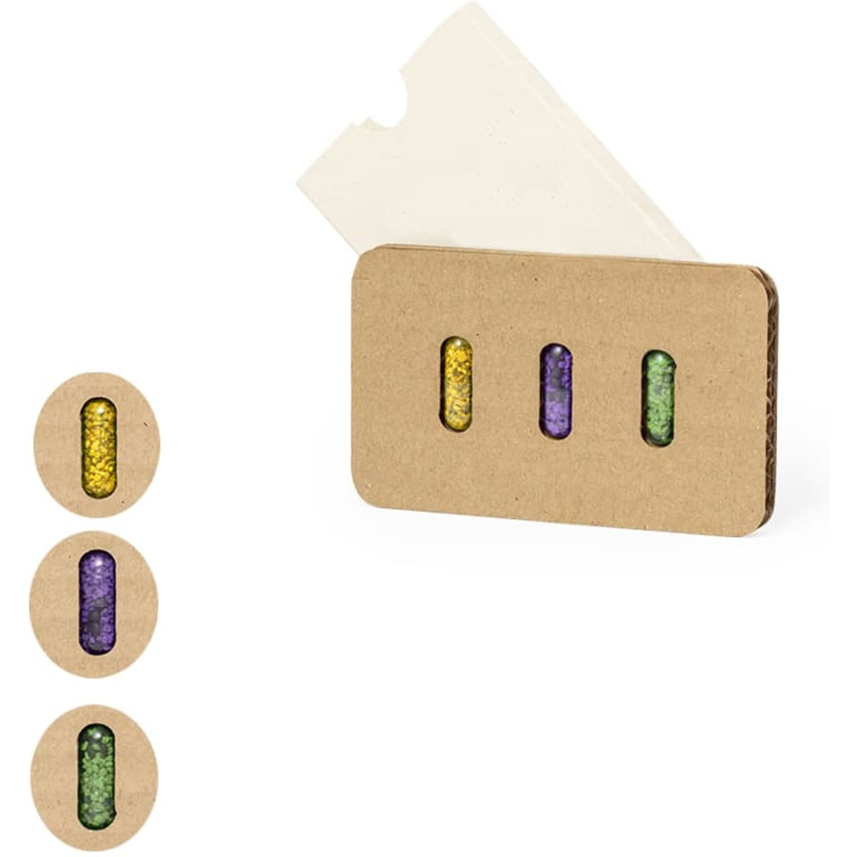 A cardboard gift set featuring three seed pods in purple, green, and yellow, with a logo on the packaging.