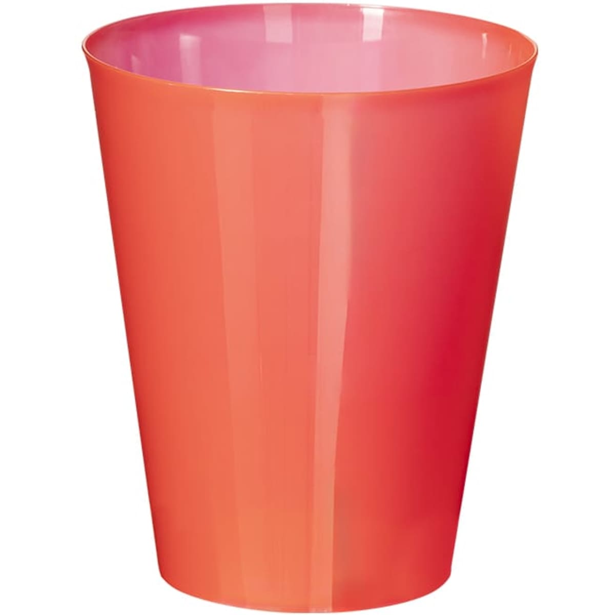 A drink bottle in vibrant coral, featuring a glossy finish and tapered design. It includes a logo.