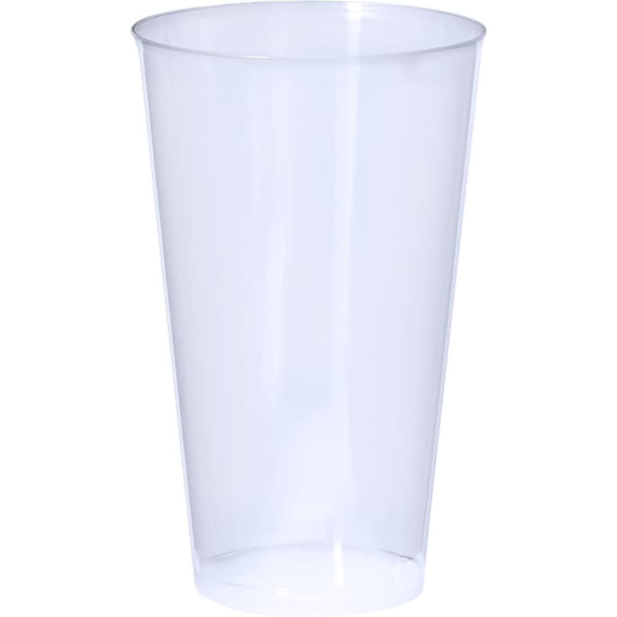 A drink bottle in clear plastic, featuring a simple design with a smooth finish and a slight taper at the top.