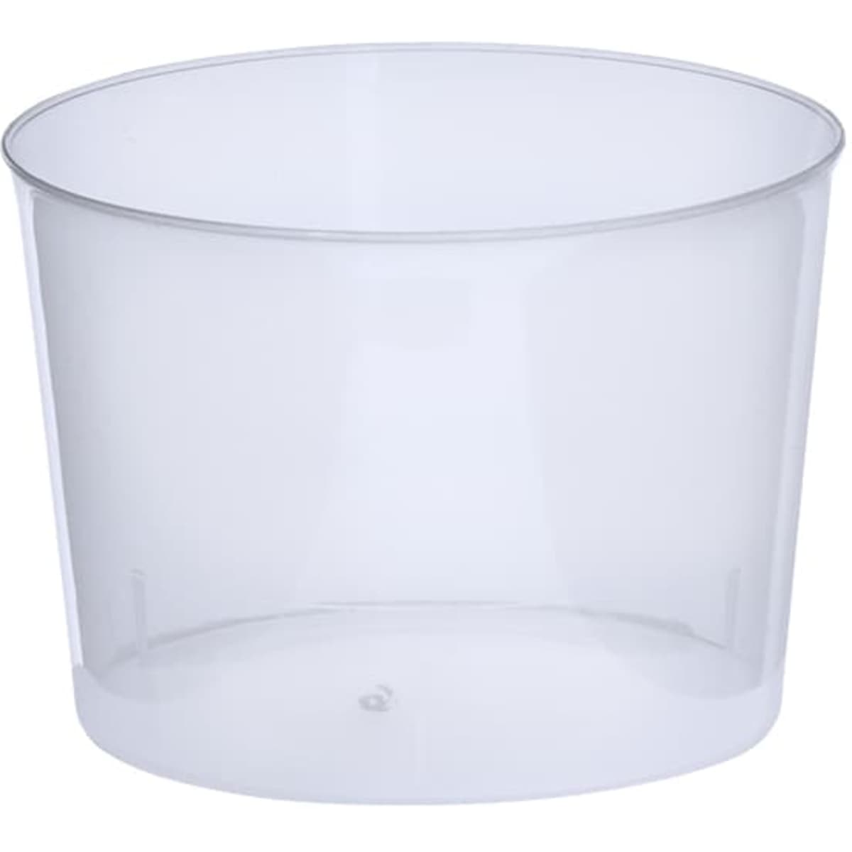 A drink container in clear plastic, featuring a simple cylindrical design. It has a small logo on one side.