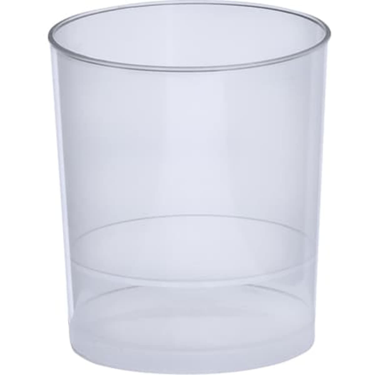A transparent plastic cup with a simple design, ideal for various beverages. Features a smooth, rounded rim.