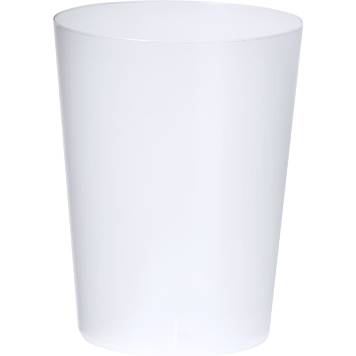 A drink bottle in translucent white plastic, featuring a simple design and a circular opening. It has a logo.