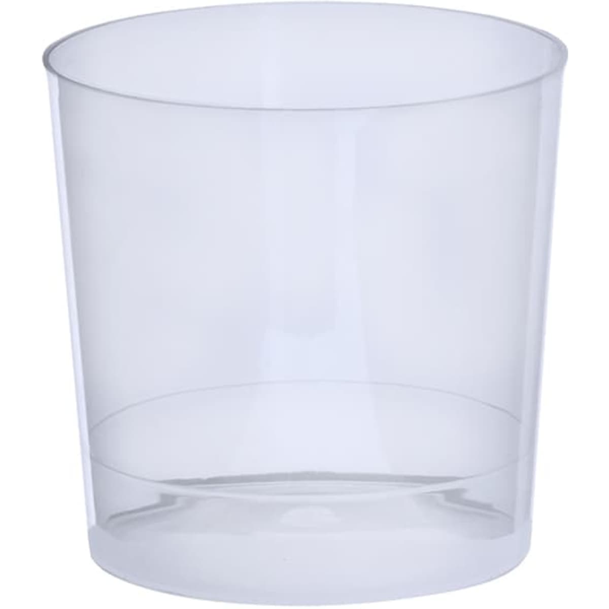 A clear plastic tumbler with a smooth finish, suitable for various drinks. It features a simple design and has a logo.