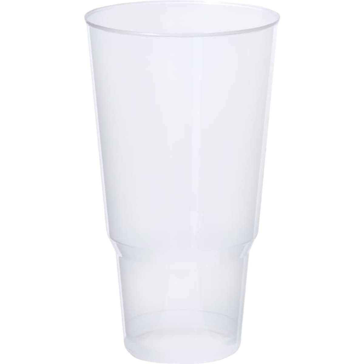 A drink tumbler in transparent plastic with a smooth surface and a tapered design. It features a subtle branding logo.