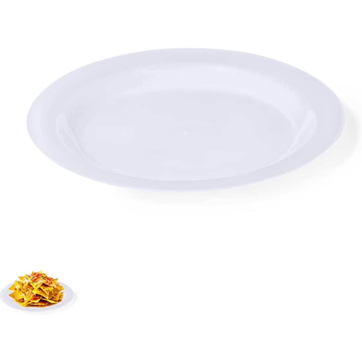 A white circular platter rests above a small pile of colourful snack chips in the image.