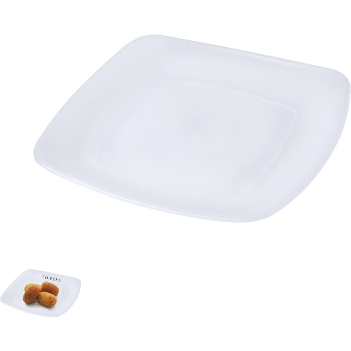 A square white serving plate with a smooth surface, accompanied by a smaller white plate with food items on it.
