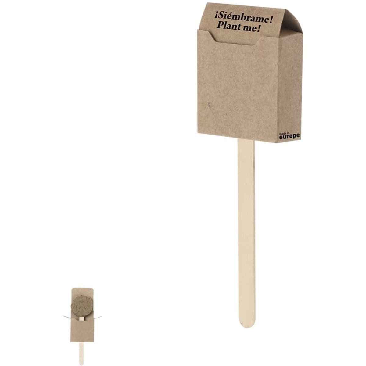 A brown cardboard seed holder with a wooden stick, designed for planting seeds. It has a simple logo on it.