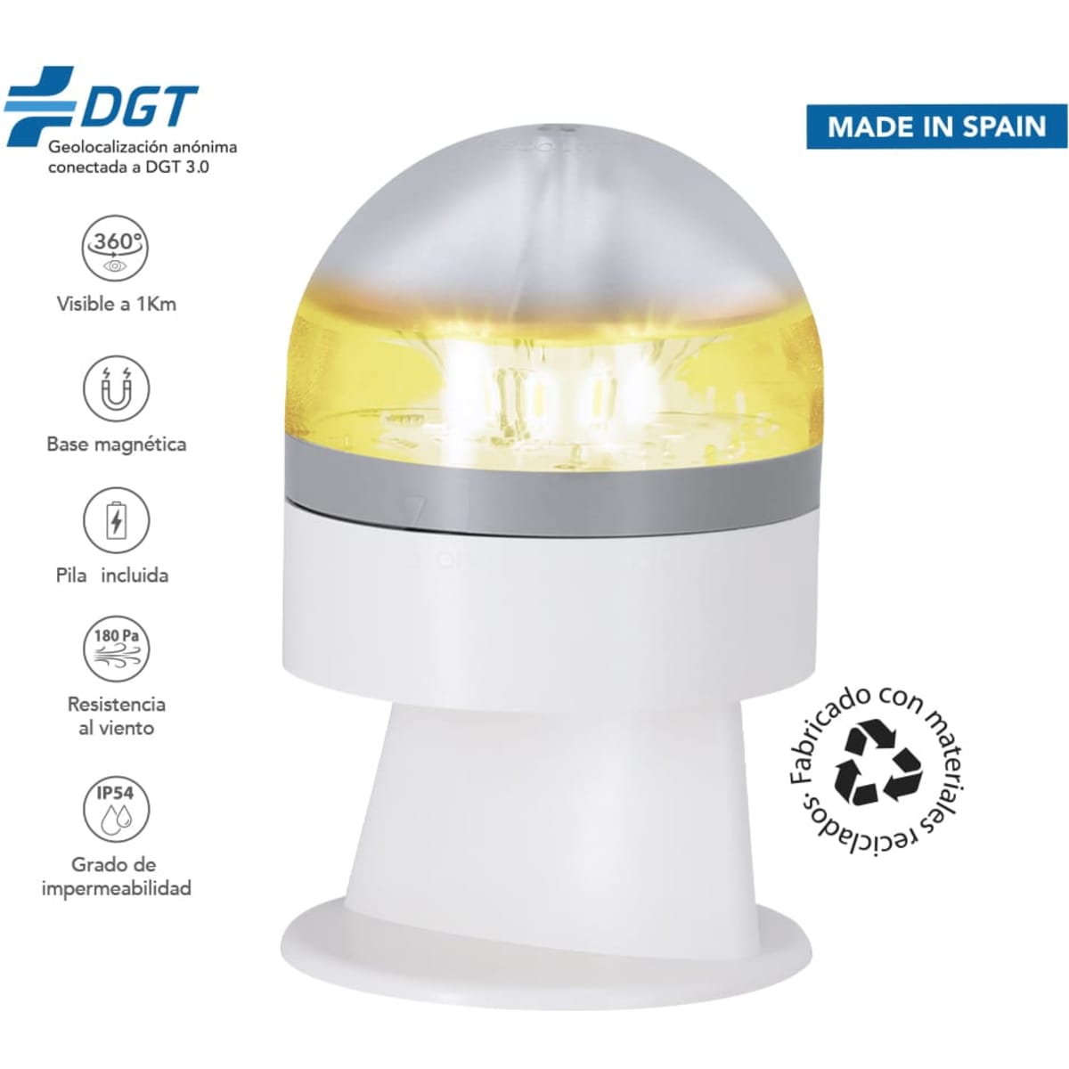 A weatherproof 360-degree beacon light in yellow and silver, featuring a magnetic base and a logo.