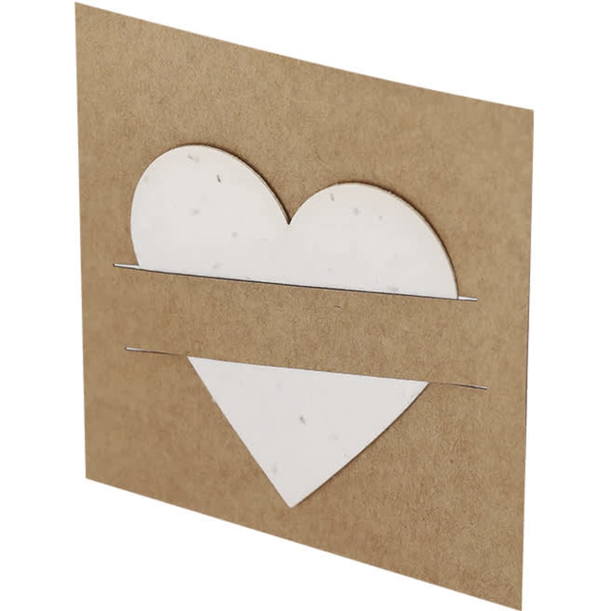 A heart-shaped card made of brown kraft paper with a white heart insert held in place by slits.